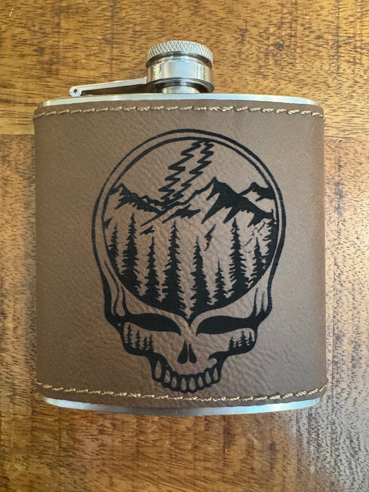 Leather Wrapped Flask - Steal Your Face mountains